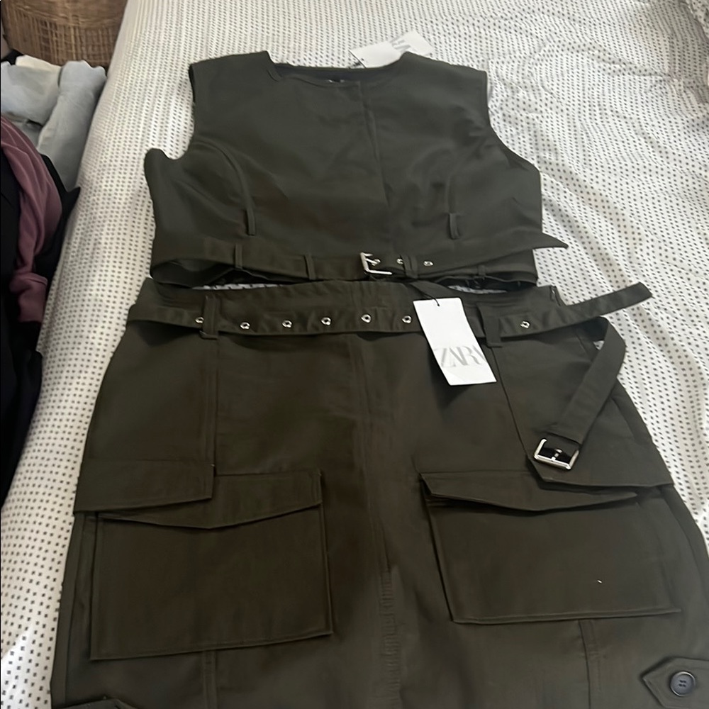 Zara Olive Green Belted Top with cargo skirt